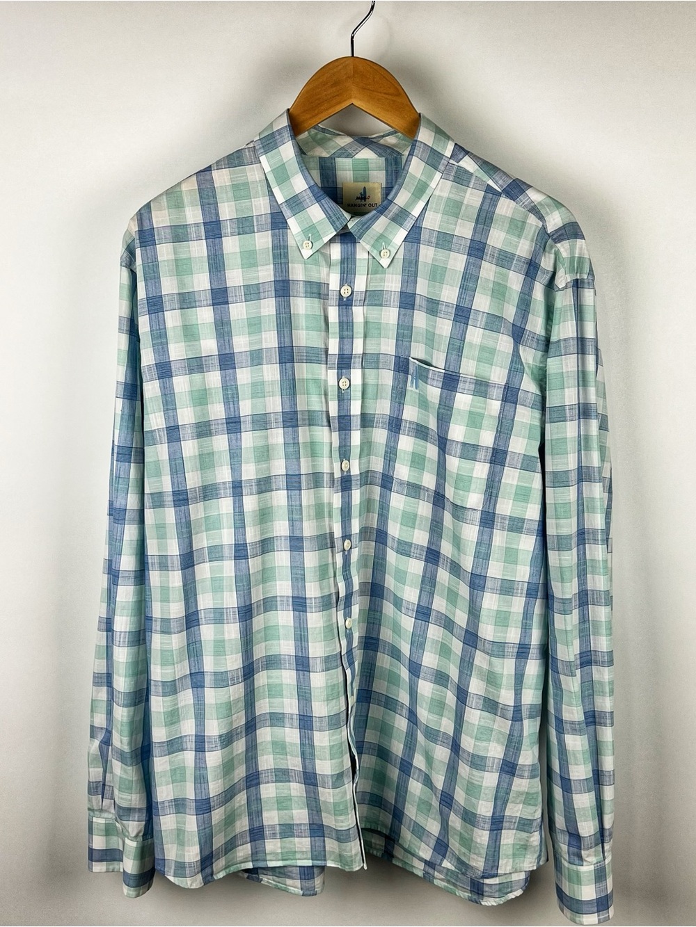 Johnnie-O Hangin’ Out 100% Cotton Checkered Button Down Shirt Blue Green Size XL
